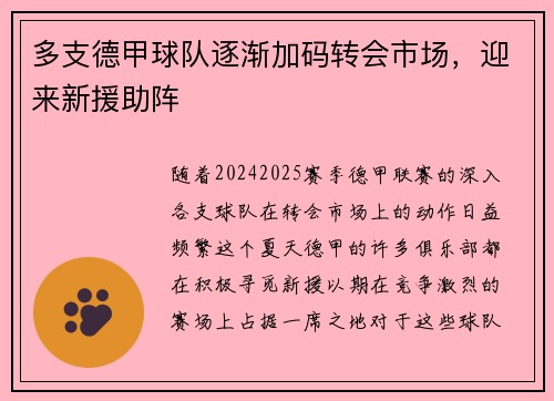 多支德甲球队逐渐加码转会市场，迎来新援助阵