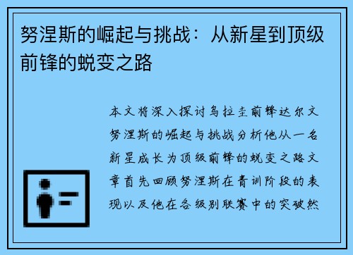 努涅斯的崛起与挑战：从新星到顶级前锋的蜕变之路