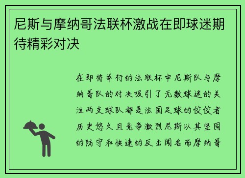 尼斯与摩纳哥法联杯激战在即球迷期待精彩对决