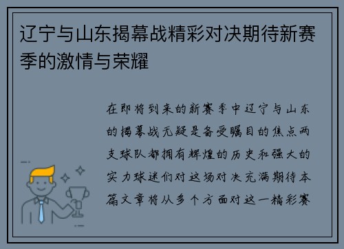 辽宁与山东揭幕战精彩对决期待新赛季的激情与荣耀