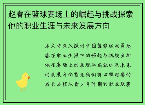 赵睿在篮球赛场上的崛起与挑战探索他的职业生涯与未来发展方向