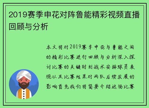 2019赛季申花对阵鲁能精彩视频直播回顾与分析