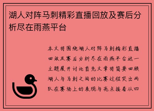 湖人对阵马刺精彩直播回放及赛后分析尽在雨燕平台