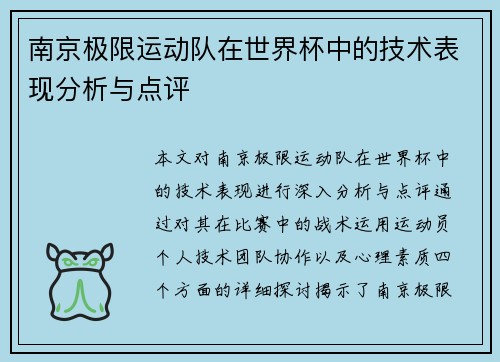 南京极限运动队在世界杯中的技术表现分析与点评