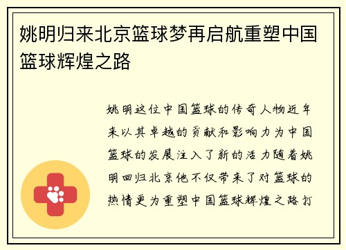 姚明归来北京篮球梦再启航重塑中国篮球辉煌之路