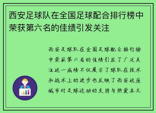 西安足球队在全国足球配合排行榜中荣获第六名的佳绩引发关注