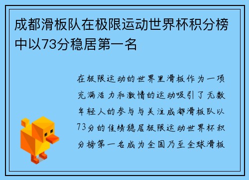 成都滑板队在极限运动世界杯积分榜中以73分稳居第一名