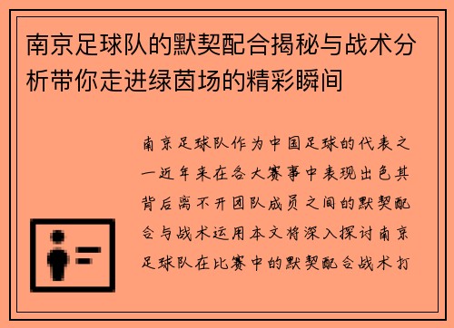南京足球队的默契配合揭秘与战术分析带你走进绿茵场的精彩瞬间