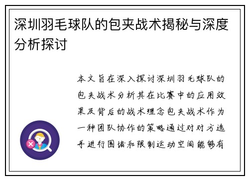 深圳羽毛球队的包夹战术揭秘与深度分析探讨