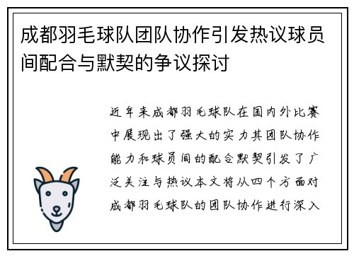 成都羽毛球队团队协作引发热议球员间配合与默契的争议探讨