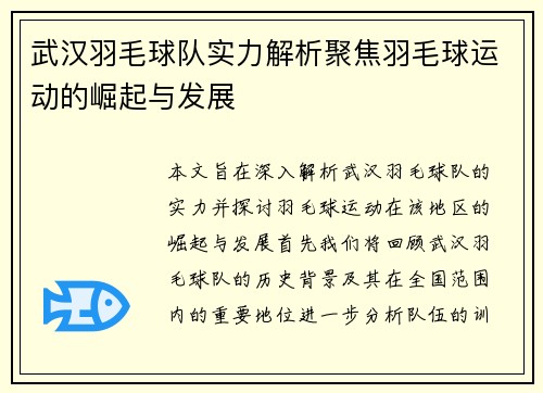 武汉羽毛球队实力解析聚焦羽毛球运动的崛起与发展