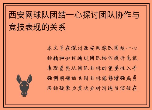 西安网球队团结一心探讨团队协作与竞技表现的关系